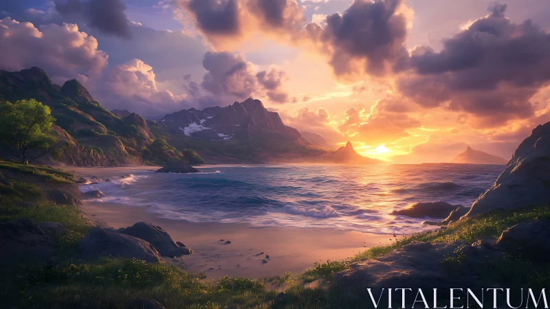 Digital painting seascape with luminous sunset and cliffs.