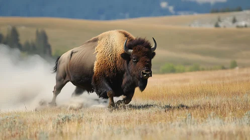 Wild prairie bison thundering across golden open plains.
