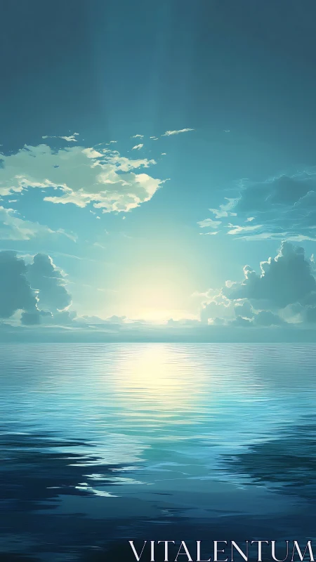 Calm ocean horizon under soft sunrise light reflection.