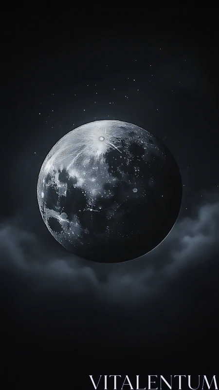 Luminous moon sphere hovers above shadowed storm clouds.