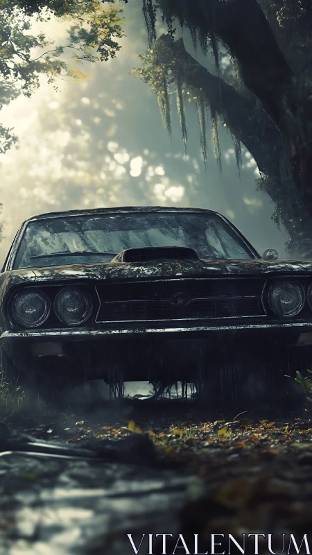 Abandoned muscle car looms in a misty, overgrown forest road