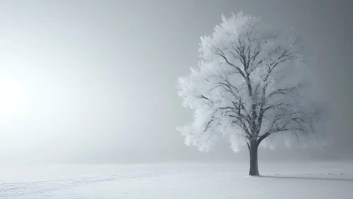 Lone frost-crowned tree adrift in a hush-white winter void.