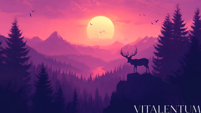 Stag crowned in neon dusk over mist-softened pine valleys.