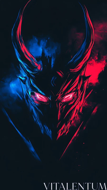Dual-color demonic mask with glowing red eyes artwork.
