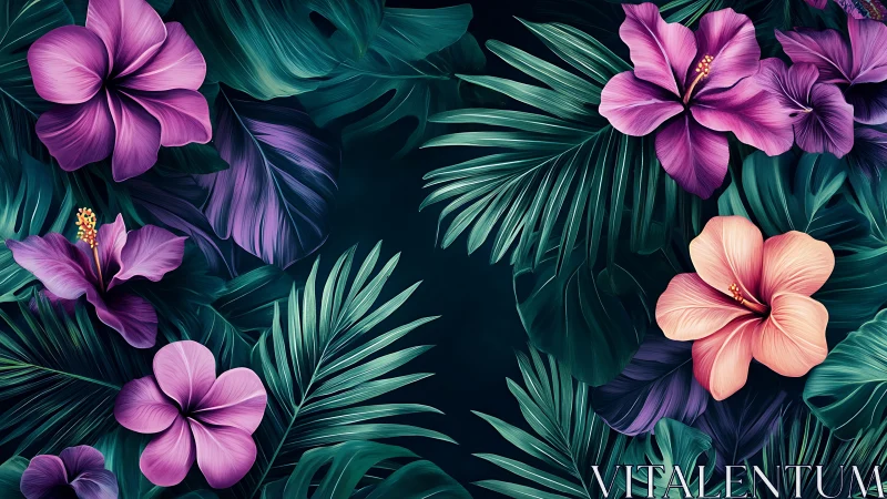 Tropical Blooms Among Lush Teal Foliage.