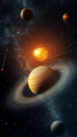 Multi-planet ringed gas giant under warm stellar illumination in space