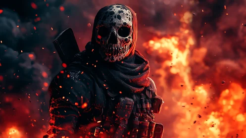 Masked combat figure stands before dense explosive fire plume