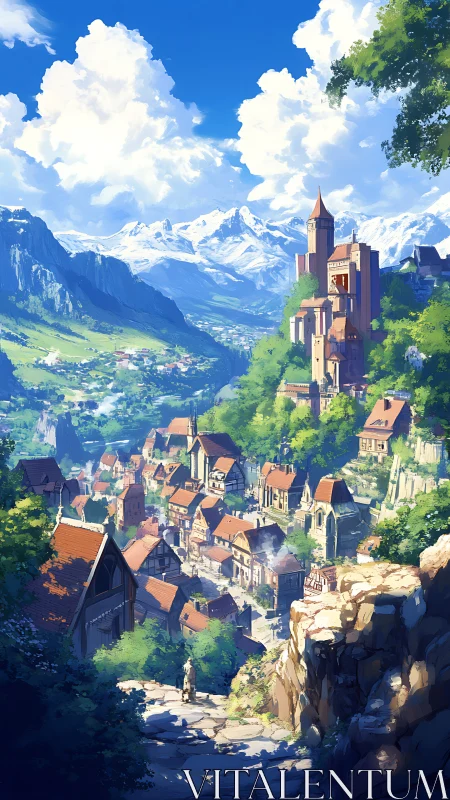 Sunlit mountain village and castle overlook a bright alpine valley