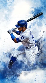 Electric blue baseball slugger amid explosive paint clouds.