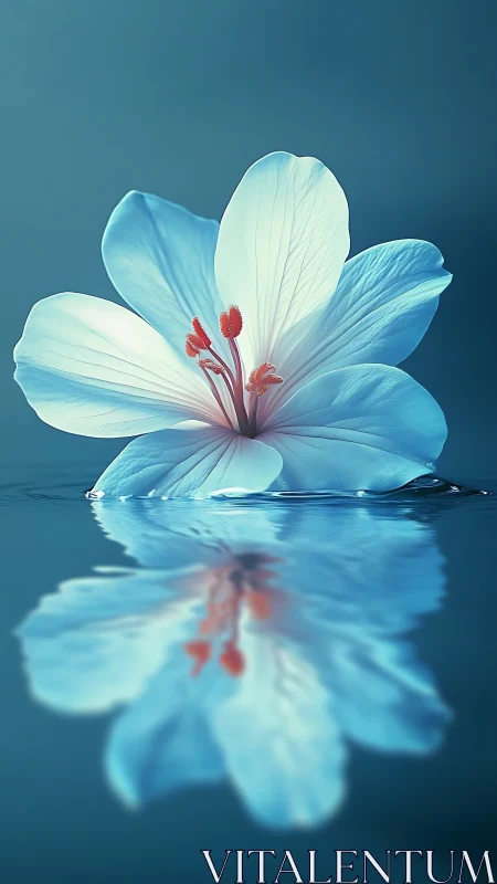 White flower floats on still water and reflects below.