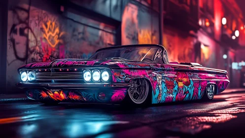 Lowrider convertible cruises neon alley with vivid graffiti art