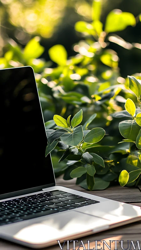 Open laptop on wooden desk integrates with sunlit green foliage