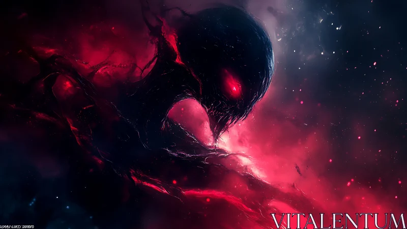 Dark humanoid form occupies nebular red and blue space field