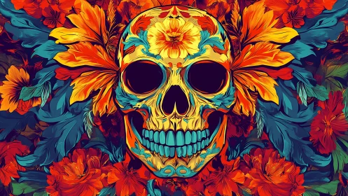 Skull illustration centered in dense red and teal floral field