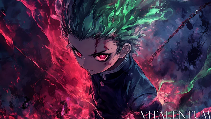 Demonic-eyed anime warrior emerges in neon storm of power.