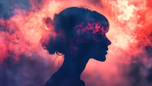 Female silhouette dissolves into neon red vapor clouds.