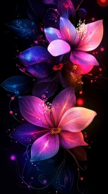 Bioluminescent Floral Cascade: Neon-Infused Digital Flowers Against Dark Background