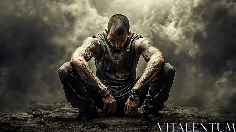 Tattooed man crouches in smoky wasteland, brooding alone.