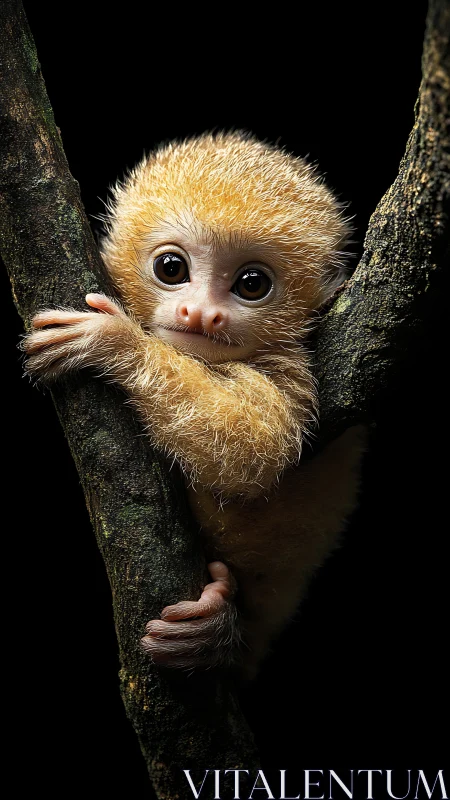 High-resolution infant primate clinging to bifurcated branch.