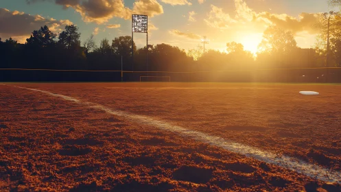 Golden sunset settles gently over a quiet baseball field