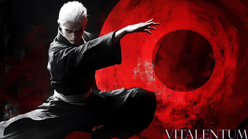 Crimson circle warrior poised in a storm of shadowed light.