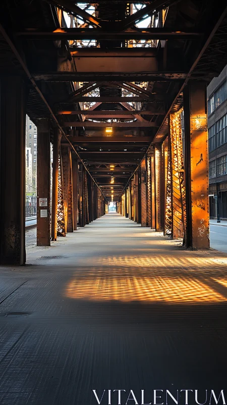Urban steel underpass corridor with evening light patterns.