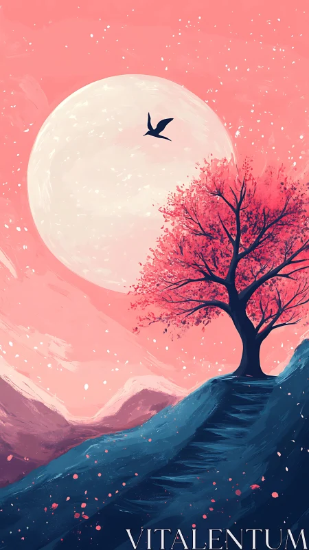 Pink moonlit landscape with lone tree on curved hill.