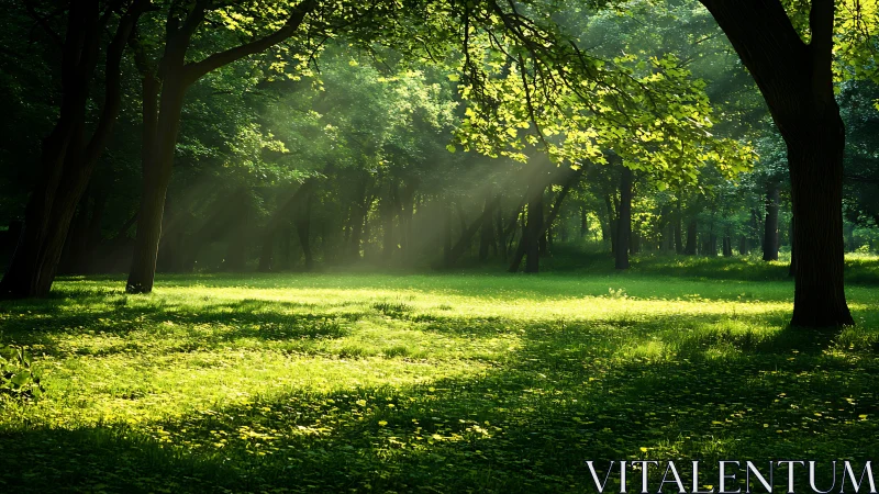 Sunlit Forest Clearing with Lush Greenery in Natural Light.