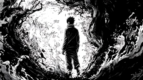 Lone figure walks through swirling monochrome forest portal.
