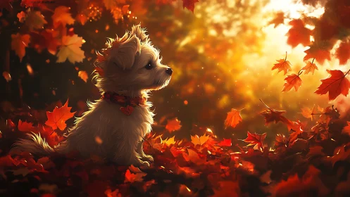 Backlit puppy studies warm rim lighting in drifting autumn leaves