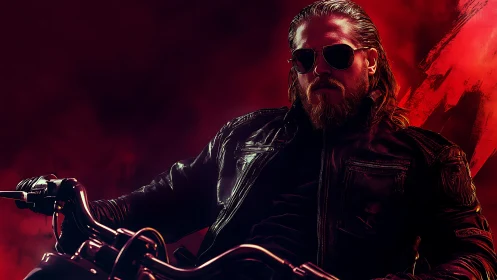 Midnight rider in red haze, wrapped in leather calm.