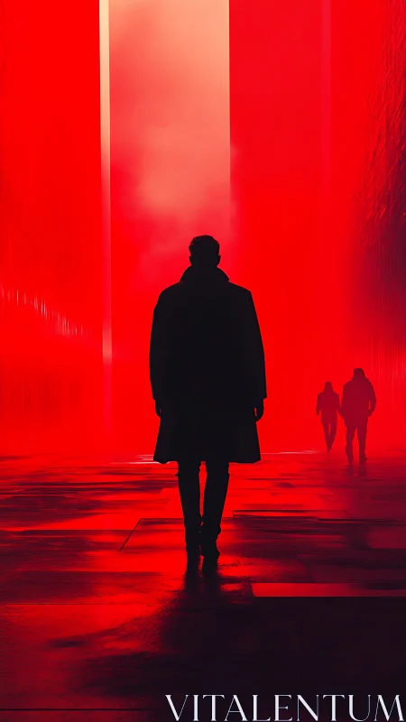 Silhouetted figure in red urban corridor at night.