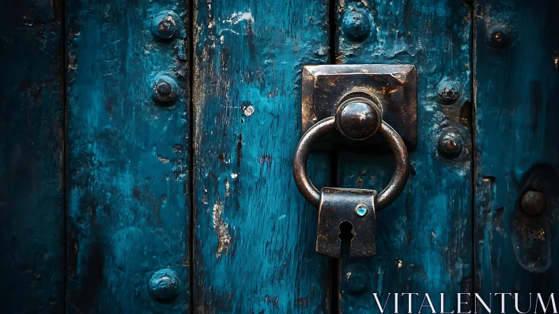 Weathered blue door invites curiosity with rustic metal lock