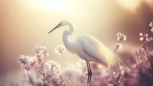 White egret stands amid soft-focus flowers in backlight