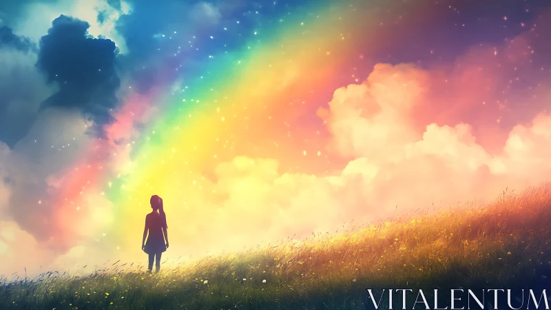 Silhouette of girl stands on grassy hill under bright rainbow