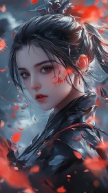 Warrior heroine in crimson petals with luminous facial sigil.