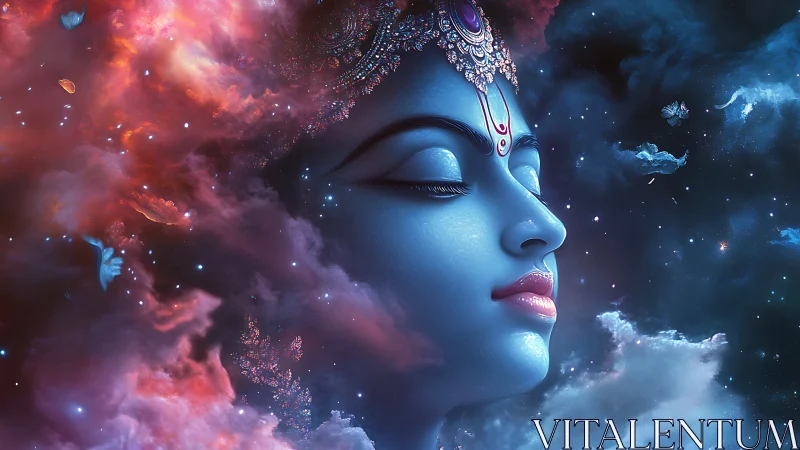 Cosmic blue deity portrait in luminous nebular clouds.