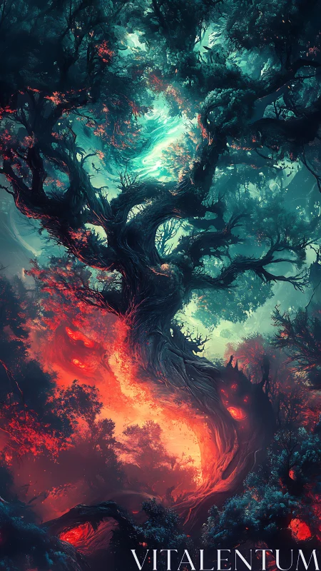 Enchanted infernal tree twists through glowing forest void