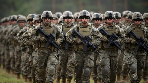 Infantry unit in combat gear marching in field formation.