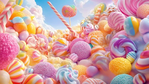 Surreal Candy Landscape with Luminous Spheres and Lollipops