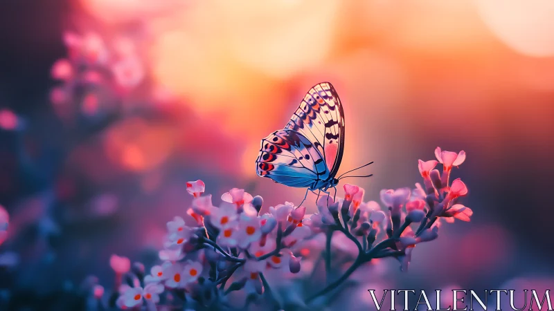Macro butterfly study on bokeh-lit blossoms with neon dusk palette