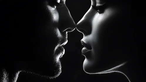 Intimate Portrait: Two Faces Close in Dramatic Chiaroscuro Lighting
