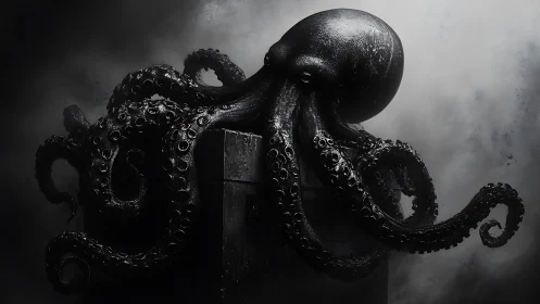 Octopus grips dark pedestal in high contrast monochrome