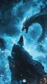 Vertical fantasy scene of cloaked mage confronting dragon silhouette.