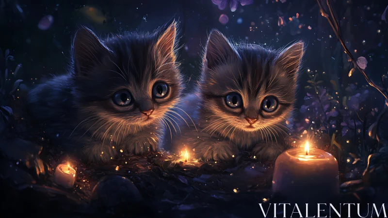 Two kittens positioned in nocturnal setting with candlelight illumination