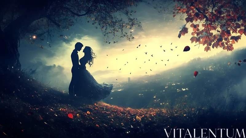 Silhouetted figures on hillside overlooking cityscape at dusk