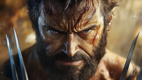 Hyperreal bearded warrior portrait with metal claws and battle scars