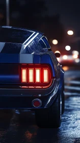 Classic blue muscle car rear view on wet city street.