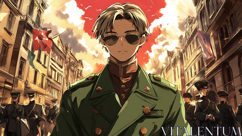 Military officer in city street under dramatic red sky.