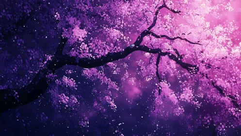 Digital cherry tree branch extends across violet-pink sky